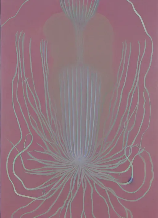 Image similar to pink jellyfish with minimalistic and aesthetic geometric shapes and patterns, muted color palette, symmetric, symbolist, abstract, spiritual art painting by Hilma At Klint