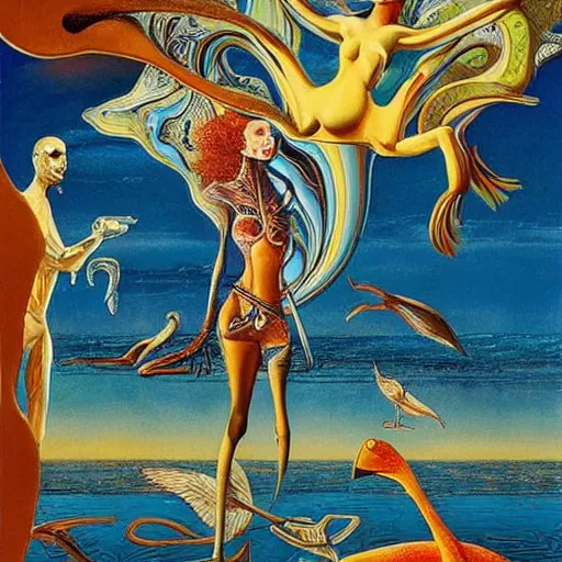 Prompt: a beautiful abstract with goldfish, pelicans and a human couple in an alien landscape by salvador dali and gerald brom w 1 0 2 4