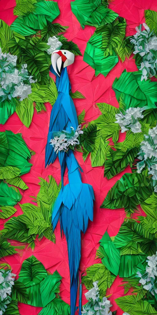 Image similar to anthropomorphic macaw woman wearing a flowing samba inpsired white and mint colored paper dress, background amazon jungle made of paper, paper Bougainvillea, many origami Bougainvillea, eery light, 3D, very detailed, octane render, trending ArtStation, artgem