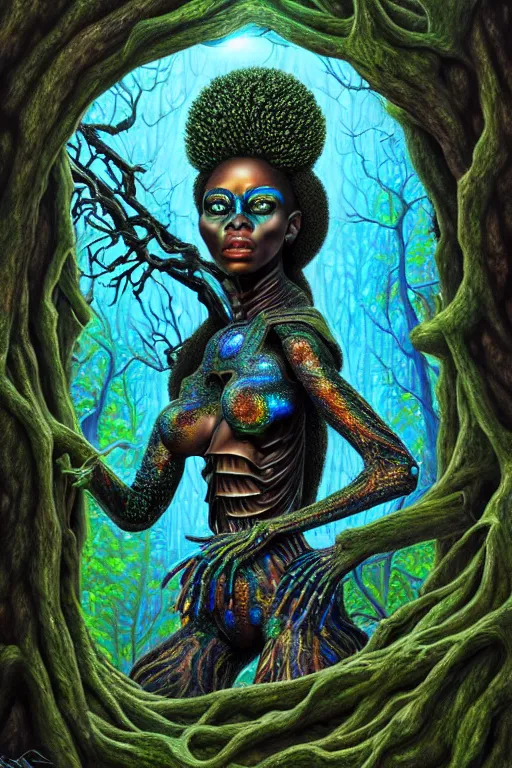 Image similar to hyperrealistic lowbrow super expressive! black woman with exoskeleton armor, merging with tree in a forest, highly detailed digital art masterpiece smooth cam de leon hannah yata dramatic pearlescent blue teal light ground angle hd 8 k sharp focus