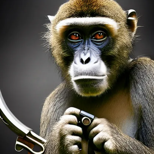 Image similar to a monkey with a revolver in his hands, real life photo, 4 k, cyberpunk, highly detailed, sharp focus - h 8 0 0