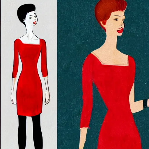 Prompt: an illustration of a french fashion model posing in a red dress inspired by coby whitmore