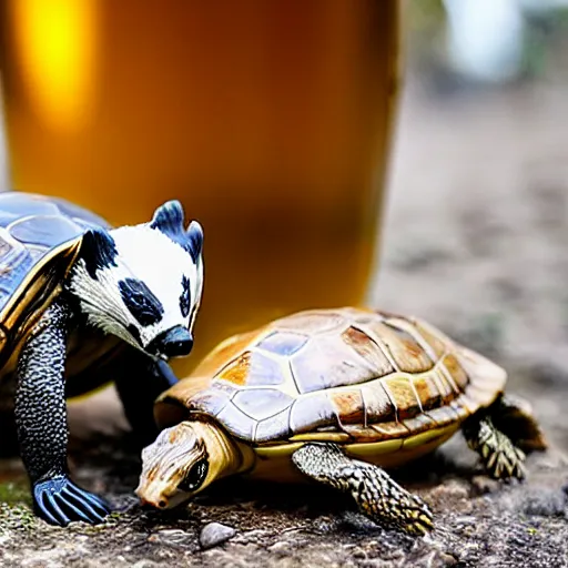 Image similar to badger and turtle drinking European beer together, realistic, nature photography