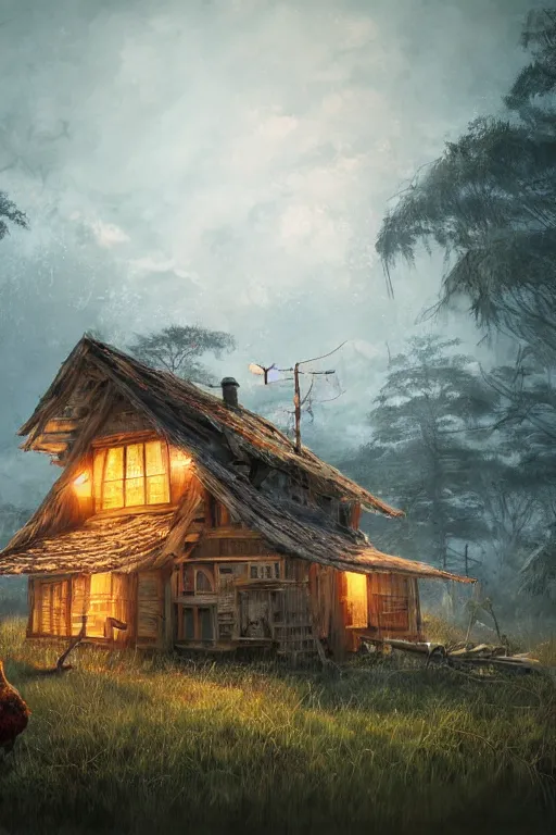 Image similar to an awesome twilight day concept art of old hut with chicken legs, by kengo kuma and wes anderson with village, mixed development, cgsociety, fantastic realism, artstation hq
