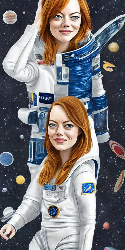 Image similar to Portrait of Emma Stone in a space suit. Highly detailed, photorealistic