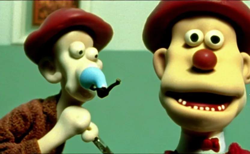 Image similar to Wallace smoking crack from a crack pipe in a still from the short movie A Grand Day Out (1989), Wallace and Gromit, Aardman Animations, claymation, 4k, high quality