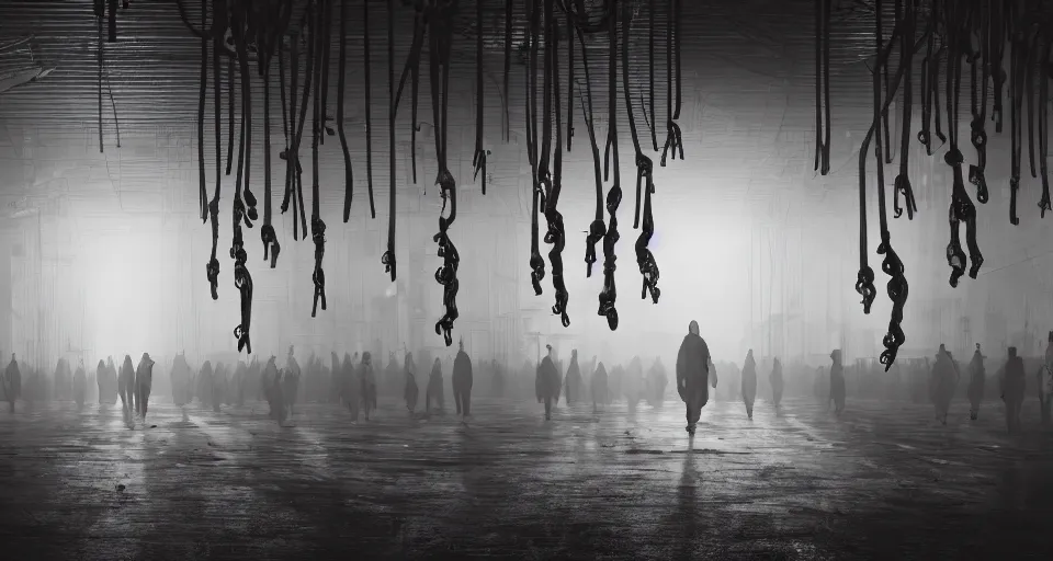 Image similar to illustration of rows of limp bodies hanging on hooks in a cold warehouse, products, rolling fog, cyberpunk, dystopian, dramatic lighting, unreal engine 5