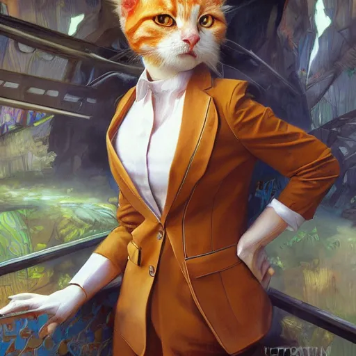 Image similar to ginger cat in a business suit, artists portrait, fantasy, highly detailed, digital painting, concept art, sharp focus, depth of field blur, illustration, art by artgerm and greg rutkowski and alphonse mucha