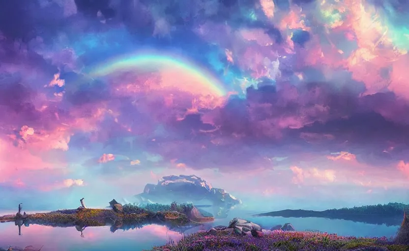 Image similar to a beautiful art of lake in foregraund and rainbow colored sky on background by Miyazaki Nausicaa Ghibli, 8K, hyper detailed, 20K, realistic, product lighting, by onesal, by sixnfive , behance 3d , studio photography DSLR, Photoreal epic composition