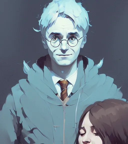 Prompt: portrait of a mage ( harry potter ) by atey ghailan, by greg rutkowski, by greg tocchini, by james gilleard, by joe fenton, by kaethe butcher, dynamic lighting, gradient light blue, brown, blonde cream and white color scheme, grunge aesthetic