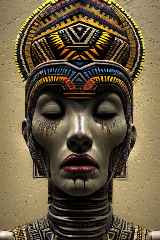 Prompt: beautiful aztec inca woman colossus full body well proportioned posing among tiles by eddie mendoza hyperrealism expressive eyes cyborgess symmetrical very very detailed giger beksinski grey and gold