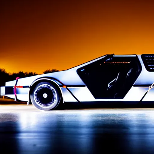 Image similar to futuristic delorean time machine at night in the rain driving on the highway