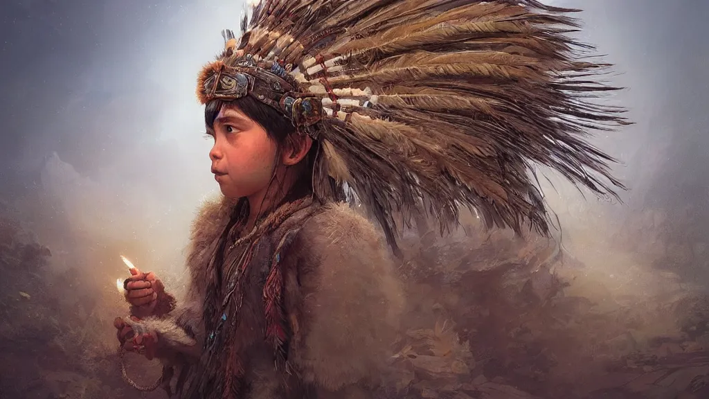 Prompt: highly detailed portrait of a grizzled indigenous child, feathered headdress, traditional clothing, unreal engine, fantasy art by greg rutkowski, ferdinand knab, makoto shinkai and lois van baarle, ilya kuvshinov, rossdraws, tom bagshaw, global illumination, radiant light, detailed and intricate environment