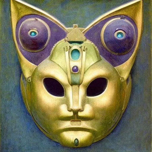 Image similar to beautiful ornate mechanical robot cat head mask, by annie swynnerton and diego rivera and nicholas roerich and jean delville, symbolist, dramatic lighting, god rays, elaborate geometric ornament, art brut, colors are soft greens and blues and purple, smooth, sharp focus, extremely detailed, adolf wolfli and ( donato giancola )