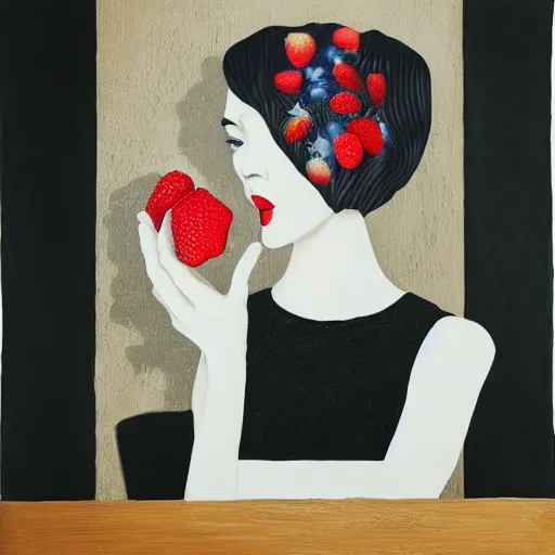 Prompt: “art in an Australian artist’s apartment, portrait of a depressed woman wearing black silk cloth, eating sexy fresh raspberries and strawberries and blueberries, white wax, edible flowers, Japanese pottery, Australian native flannel flowers ikebana, black walls, acrylic and spray paint and oilstick on canvas”