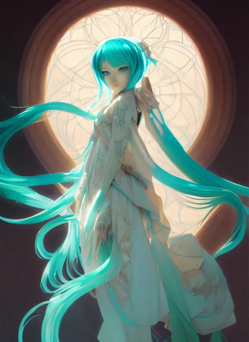 Image similar to hatsune miku, intricate, elegant, highly detailed, digital painting, artstation, concept art, smooth, sharp focus, illustration, art by artgerm and greg rutkowski and alphonse mucha