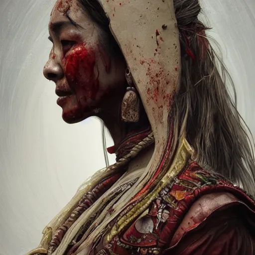 Prompt: portrait painting of a bloodied nepali female butcher from behind, ultra realistic, concept art, intricate details, eerie, highly detailed, photorealistic, octane render, 8 k, unreal engine. art by artgerm and greg rutkowski and alphonse mucha