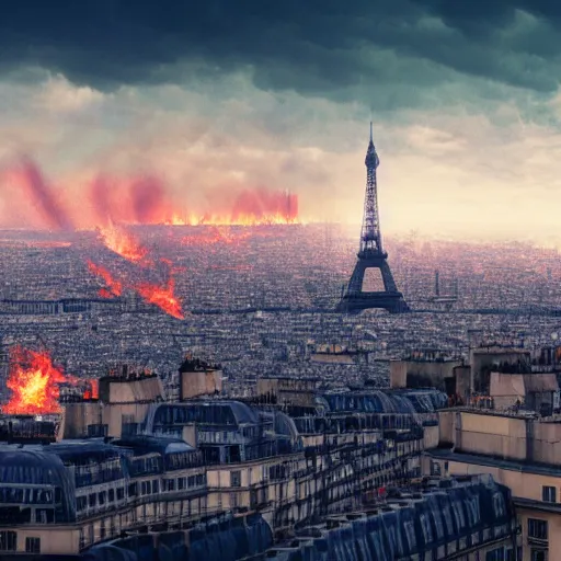 Prompt: a panoramic photo of paris during apocalypse, fire, fumes, 4 k, high quality, artstation