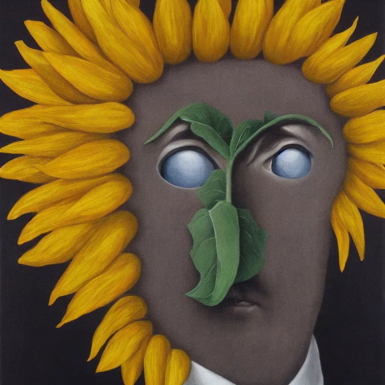 Image similar to portrait of a faceless sunflower - head man in a suit by rene magritte, detailed painting, distance, centered, hd, hq, high resolution, high detail, 4 k, 8 k