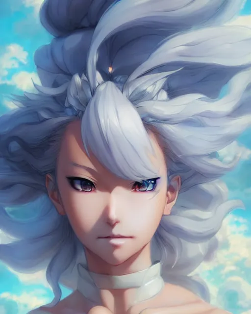 Image similar to character concept art of an anime stormy cloud goddess | | cute - fine - face, pretty face, realistic shaded perfect face, fine details by stanley artgerm lau, wlop, rossdraws, james jean, andrei riabovitchev, marc simonetti, and sakimichan, tranding on artstation