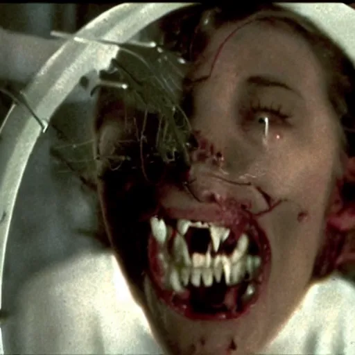 Image similar to screenshot from a movie showing a rabid vampire bat attacking a female scientist in a biolab.