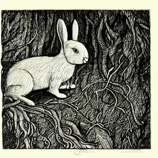 Image similar to precisely drawn, fine detailed, intense line work, drawing of a white bunny smoking a big cigarette in the deep tangled forest, by edward gorey, by gustav dore, black ink on white paper