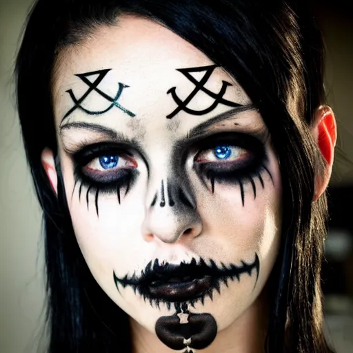 Image similar to A portrait of the character, Death, a young Goth girl with an elaborate facial tattoo of an Ankh