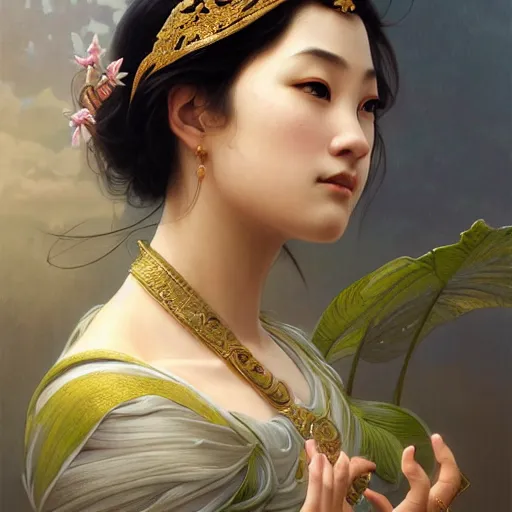 Image similar to portrait of asian goddess, intricate, elegant, highly detailed, digital painting, artstation, concept art, smooth, sharp focus, illustration, art by artgerm and greg rutkowski and alphonse mucha and william - adolphe bouguereau