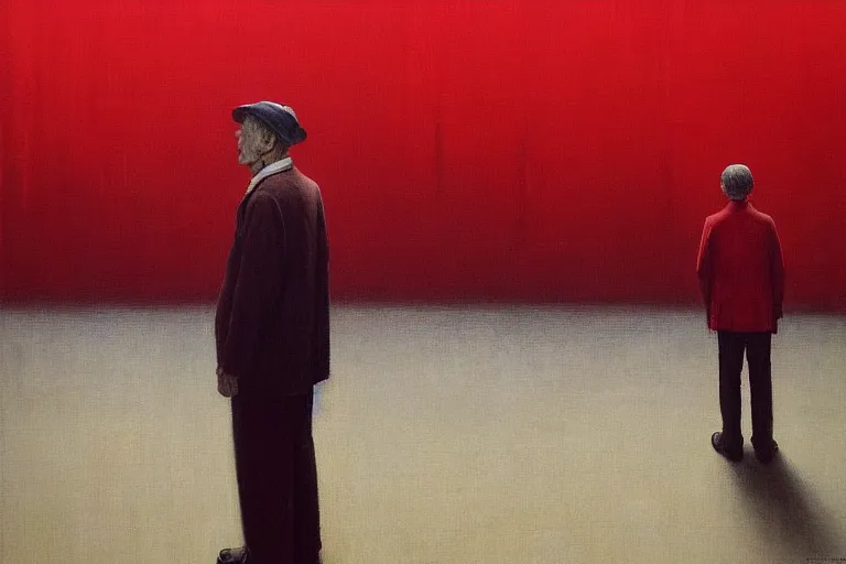 Image similar to only with red, a red old stylish man try to sell a portrait, crowd cheering, in a city square, in the style of beksinski, parts by edward hopper, parts by rodcenko, parts by yue minjun, intricate and epic composition, red by caravaggio, insanely quality, highly detailed, masterpiece, red light, artstation, 4 k