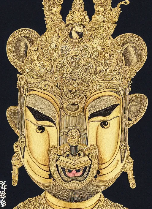 Image similar to detailed pen and ink art of an anthropomorphic asian black bears head on Buddhist bodhisattva body, seated in royal ease, 0.1 black micron pen on white paper, gilded gold halo behind head, 24K gold leaf, reflective, beautiful, highly detailed, fine pen work, white background