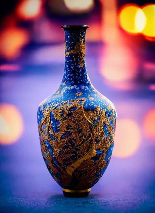 Image similar to a 2 8 mm macro photo of a broken intricate ming vase, splash art, movie still, bokeh, canon 5 0 mm, cinematic lighting, dramatic, film, photography, golden hour, depth of field, award - winning, anamorphic lens flare, 8 k, hyper detailed, 3 5 mm film grain