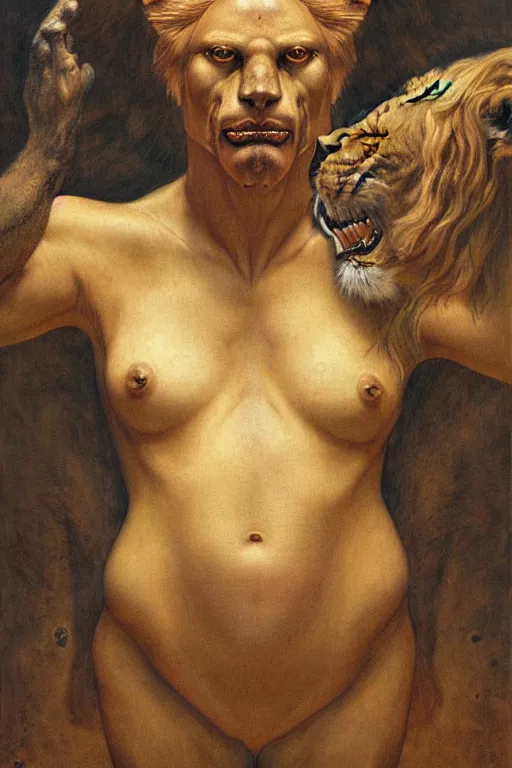 Image similar to portrait of a lion in the style of wayne barlowe, gustav moreau, goward, bussiere, roberto ferri, santiago caruso, luis ricardo falero, austin osman spare