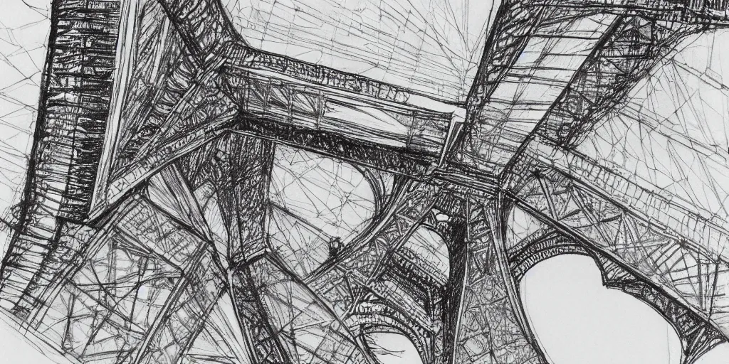 Image similar to architectural design studies of Eiffel Tower, different closeup view, drawn by Leonardo da vinci, ink and pen draw, artistic, intricated