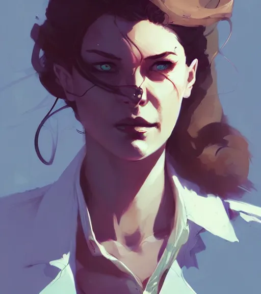 Prompt: portrait of a female john constantine by atey ghailan, by greg rutkowski, by greg tocchini, by james gilleard, by joe fenton, by kaethe butcher, dynamic lighting, gradient light blue, brown, blonde cream and white color scheme, grunge aesthetic
