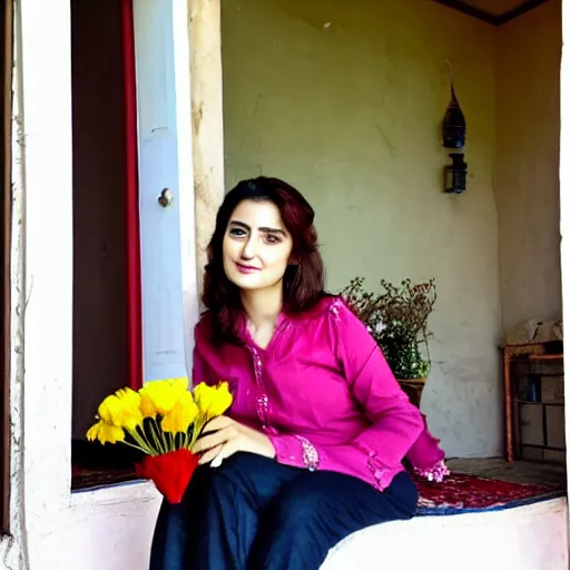 Image similar to a beautiful portrait of the turkish actress rabia soyturk, duy beni serial, sitting on the porch holding a flower, in front of the house