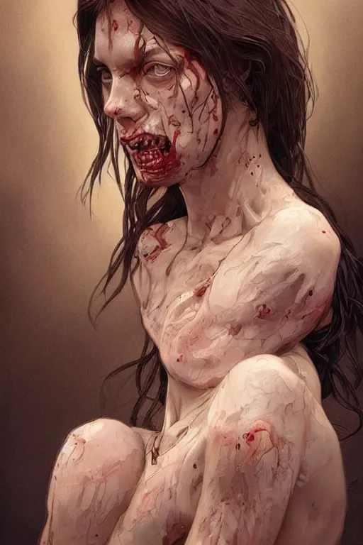 Prompt: beautiful portrait of walking dead zombie by terry o'neill intricate, elegant, highly detailed, digital painting, glowing skin, artstation, concept art, soft, sharp focus, bright lighting, illustration, art by artgerm and greg rutkowski and alphonse mucha