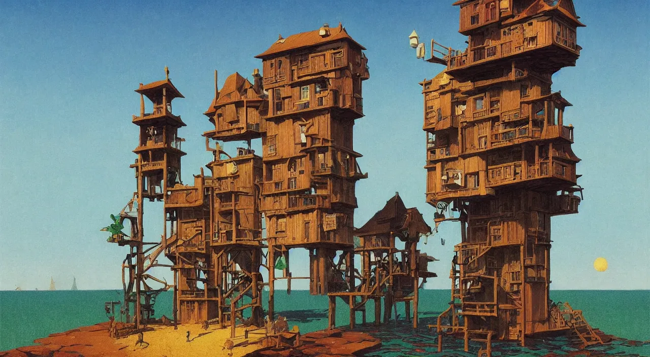 Image similar to single flooded simple fantasy wooden tower, very coherent and colorful high contrast!! masterpiece by rene magritte simon stalenhag carl spitzweg syd mead norman rockwell edward hopper james gilleard, minimalist, dark shadows, sunny day, hard lighting