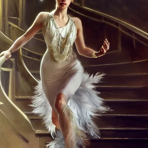 Prompt: hyperrealistic portrait of a woman as amber heard running down a staircase noir white swan dress wearing sapphire jewellery feather collar by jeremy mann and alphonse mucha, fantasy art, photo realistic, dynamic lighting, artstation, poster, volumetric lighting, very detailed faces, 4 k, award winning