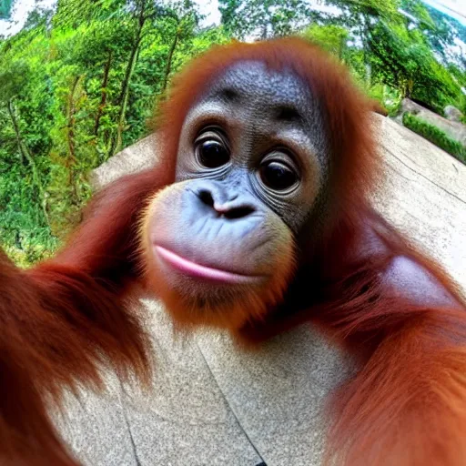 Prompt: baby orangutang, low quality 2 4 0 p fish eye lens selfie