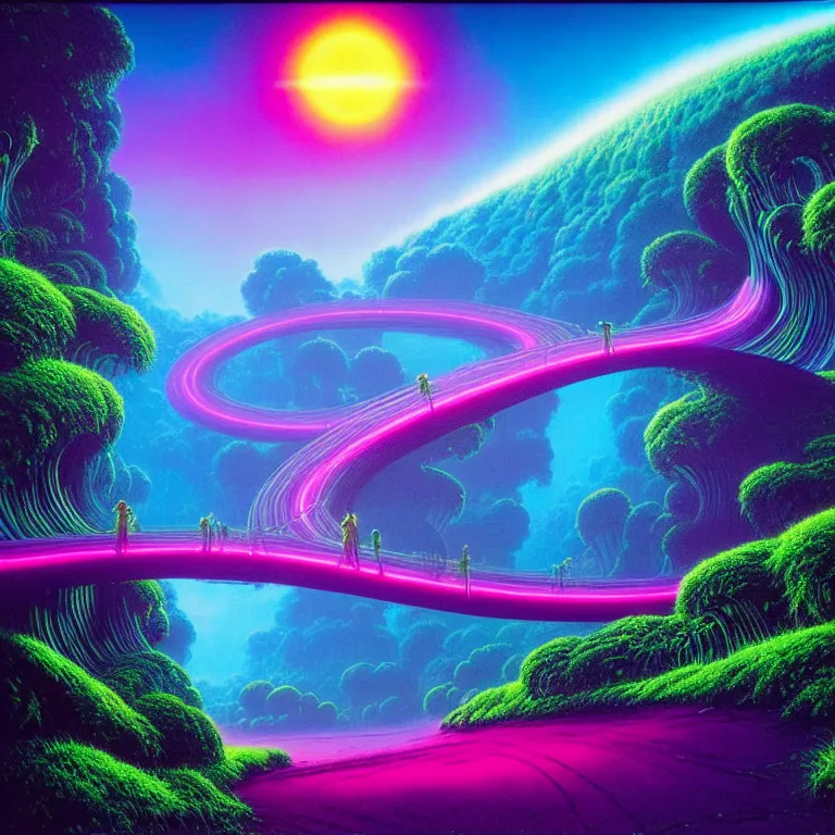 Prompt: mythical glowing orbs on bridges through lush valley, ( ( ( synthwave ) ) ), ( ( fractal waves ) ), bright neon colors, highly detailed, cinematic, tim white, michael whelan, caza, bob eggleton, philippe druillet, vladimir kush, kubrick, alfred kelsner