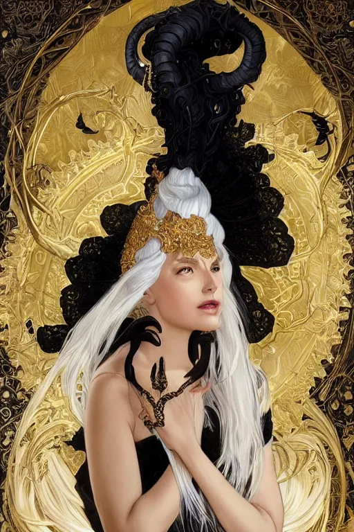 Image similar to fullbody!! of a beautiful woman with white hair, big natural horns on her head, long flowing intricate black lace dress, gold jewellery, dnd, face, fantasy, intricate, elegant, highly detailed, digital painting, artstation, concept art, smooth, sharp focus, illustration, art by artgerm and greg rutkowski and alphonse mucha