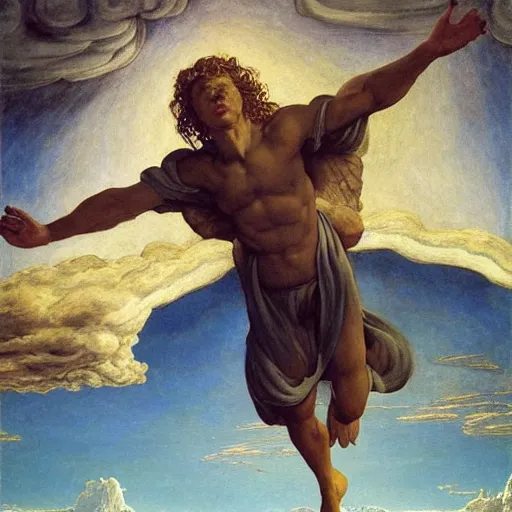 Image similar to Full body oil painting of Taylor Swft, wearing a peplos, hair natural disheveled, approaching heaven over the clouds, naturalism, dramatic lighting, high-detailed oil painting by Ilya Repin, Michelangelo da Caravaggio, William Blake, Alex Grey and Beksinski, trending on Artsation, hystorical painting, naturalism, masterpiece, 4k, 8k