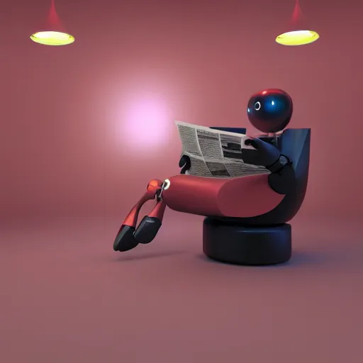 Prompt: futuristic super cute lonely matte brown and red full-body humanoid robot with two huge round expressive sad purple glowing LED eyes and open rectangular mouth sitting on a large comfortable cushioned 1950s vintage recliner reading a newspaper. open newspaper. Cinematic Movie Photograph, Arri Alexa, Extremely Detailed, smooth, very very clean, 8K, octane render, maya render, unreal engine, trending on artstation, DSLR, excellent composition, center frame