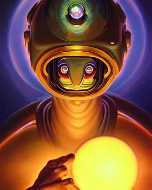 Image similar to zenyatta from overwatch, nine eyes, character portrait, portrait, close up, vintage fantasy art, vintage sci - fi art, radiant light, caustics, by boris vallejo