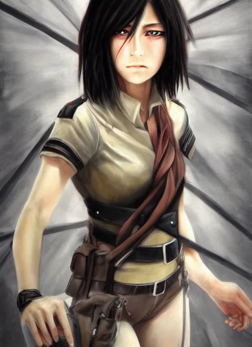 Prompt: Mikasa Ackerman realistic 3d painting, art by ian spriggs