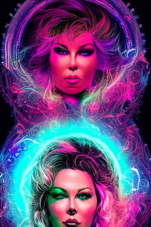 Prompt: full dark face portrait! of a beautiful! woman, 3 0 years, kim wilde like, filled with spiral of numbers neon lights, digits written on foreground, retrowave color scheme, fractal chaotic dark, nebula soft background, by mucha and julie bell, artstation, deviantart, 8 k