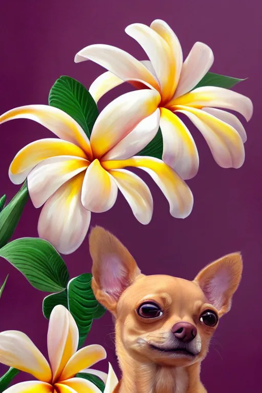 Image similar to ultra realistic illustration, portrait of a tan chihuahua plumeria tropical bouquet background, close up shot, fantasy, intricate, elegant, highly detailed, digital painting, artstation, concept art, smooth, sharp focus, illustration, surrealism