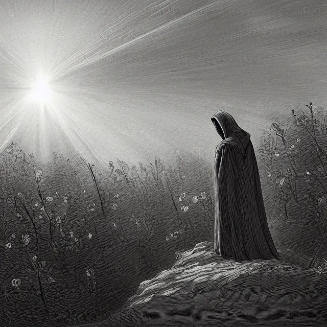 Image similar to a hooded figure in a black robe emmitting a beam of light from his face, flower meadow landscape, illustration by Gustave Dore, 18th century drawing , black and white, highly detailed, 4k, concept art, artstation