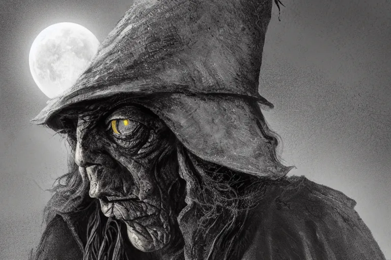 Prompt: a blind old wizard in a pointed hat, fear in empty eyes, dark night, full moon, extreme close up, crows on the oak tree, highly detailed digital art, photorealistic