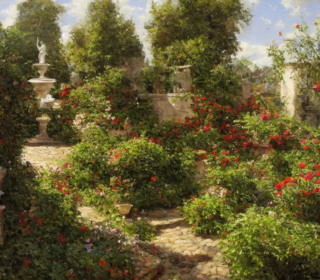 Image similar to Small garden with hedges, center fountain. Paving stones. Vegetable garden, some flowers. history painting, artificial sun light, peaceful tiny walled garden, artstation, oil on canvas, by Albert Aublet, Private Collection